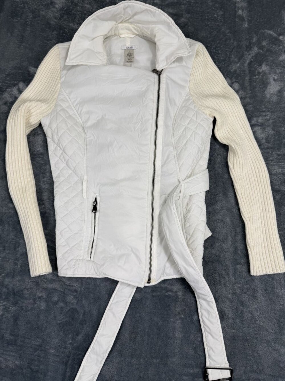 Cache Womens White Quilted Belted Ribbed Knit Sleeve Jacket Size M